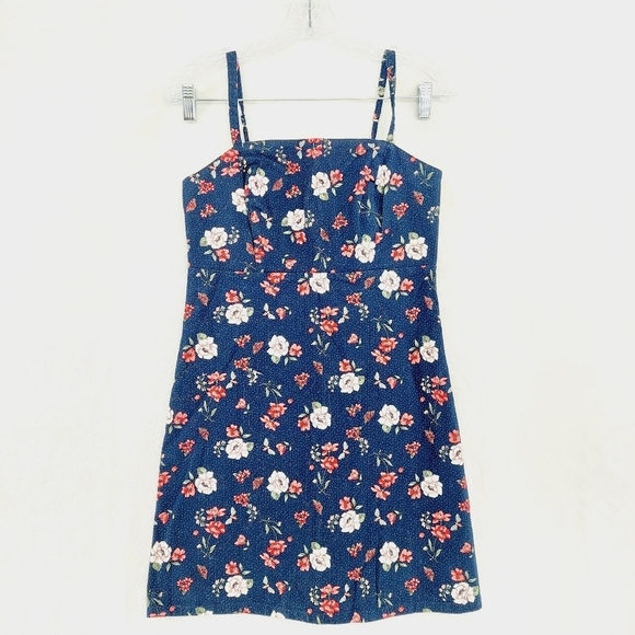 Hollister Floral Navy Blue Pinafore Mini Dress Stretch Academia Summer P6215 - Picture 1 of 8